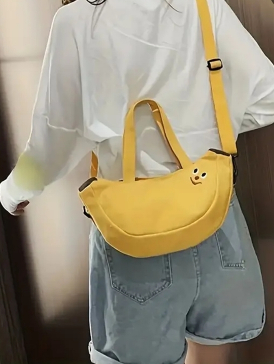 Handbags - Yellow Banana Crossbody Canvas Crescent Tote Bag with Smiley Accent
